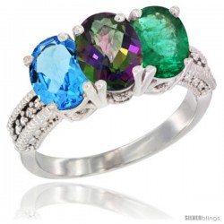 14K White Gold Natural Swiss Blue Topaz, Mystic Topaz & Emerald Ring 3-Stone 7x5 mm Oval Diamond Accent