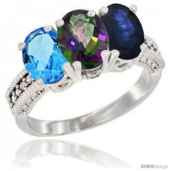 14K White Gold Natural Swiss Blue Topaz, Mystic Topaz & Blue Sapphire Ring 3-Stone 7x5 mm Oval Diamond Accent