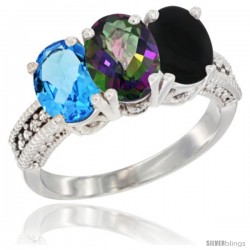 14K White Gold Natural Swiss Blue Topaz, Mystic Topaz & Black Onyx Ring 3-Stone 7x5 mm Oval Diamond Accent