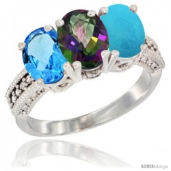 14K White Gold Natural Swiss Blue Topaz, Mystic Topaz & Turquoise Ring 3-Stone 7x5 mm Oval Diamond Accent