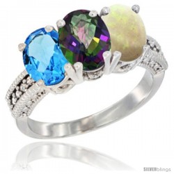 14K White Gold Natural Swiss Blue Topaz, Mystic Topaz & Opal Ring 3-Stone 7x5 mm Oval Diamond Accent