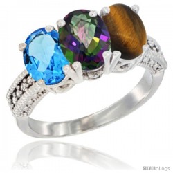 14K White Gold Natural Swiss Blue Topaz, Mystic Topaz & Tiger Eye Ring 3-Stone 7x5 mm Oval Diamond Accent