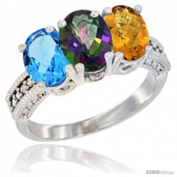 14K White Gold Natural Swiss Blue Topaz, Mystic Topaz & Whisky Quartz Ring 3-Stone 7x5 mm Oval Diamond Accent