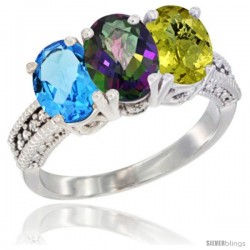 14K White Gold Natural Swiss Blue Topaz, Mystic Topaz & Lemon Quartz Ring 3-Stone 7x5 mm Oval Diamond Accent