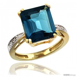 10k Yellow Gold Diamond London Blue Topaz Ring 5.83 ct Emerald Shape 12x10 Stone 1/2 in wide -Style Cy905149