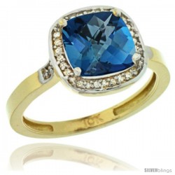 10k Yellow Gold Diamond London Blue Topaz Ring 2.08 ct Checkerboard Cushion 8mm Stone 1/2.08 in wide