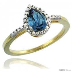 10k Yellow Gold Diamond London Blue Topaz Ring 0.59 ct Tear Drop 7x5 Stone 3/8 in wide