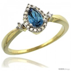 10k Yellow Gold Diamond London Blue Topaz Ring 0.33 ct Tear Drop 6x4 Stone 3/8 in wide