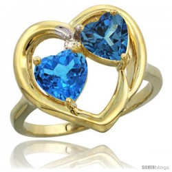 14k Yellow Gold 2-Stone Heart Ring 6mm Natural Swiss Blue & London Blue Topaz Diamond Accent