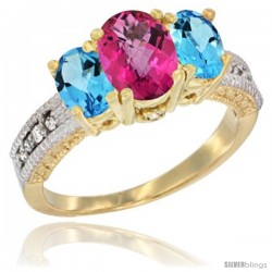 14k Yellow Gold Ladies Oval Natural Pink Topaz 3-Stone Ring with Swiss Blue Topaz Sides Diamond Accent