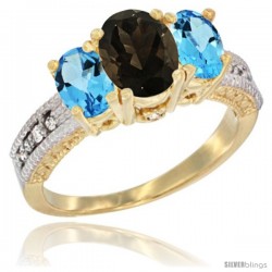 14k Yellow Gold Ladies Oval Natural Smoky Topaz 3-Stone Ring with Swiss Blue Topaz Sides Diamond Accent