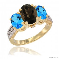 14K Yellow Gold Ladies 3-Stone Oval Natural Smoky Topaz Ring with Swiss Blue Topaz Sides Diamond Accent