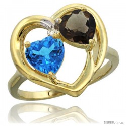 14k Yellow Gold 2-Stone Heart Ring 6mm Natural Swiss Blue & Smoky Topaz Diamond Accent