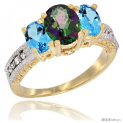 14k Yellow Gold Ladies Oval Natural Mystic Topaz 3-Stone Ring with Swiss Blue Topaz Sides Diamond Accent