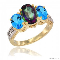 14K Yellow Gold Ladies 3-Stone Oval Natural Mystic Topaz Ring with Swiss Blue Topaz Sides Diamond Accent