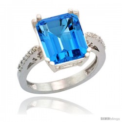 Sterling Silver Diamond Natural Swiss Blue Topaz Ring 5.83 ct Emerald Shape 12x10 Stone 1/2 in wide