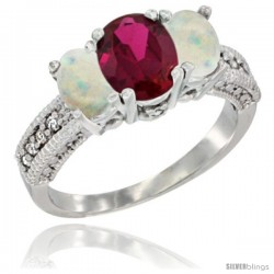 10K White Gold Ladies Oval Natural Ruby 3-Stone Ring with Opal Sides Diamond Accent