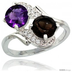 14k White Gold ( 7 mm ) Double Stone Engagement Amethyst & Smoky Topaz Ring w/ 0.05 Carat Brilliant Cut Diamonds & 2.34 Carats