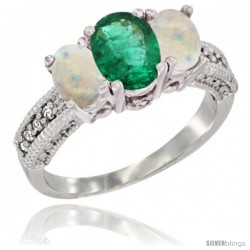 10K White Gold Ladies Oval Natural Emerald 3-Stone Ring with Opal Sides Diamond Accent