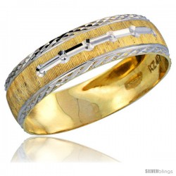 10k Gold Men's Wedding Band Ring Diamond-cut Pattern Rhodium Accent, 7/32 in. (5.5mm) wide