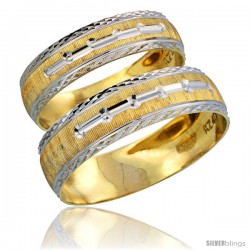 10k Gold 2-Piece Wedding Band Ring Set Him & Her 5.5mm & 4.5mm Diamond-cut Pattern Rhodium Accent