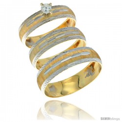 10k Gold 3-Piece Trio Diamond Wedding Ring Set Him & Her 0.10 ct Rhodium Accent Diamond-cut Pattern