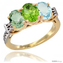 10K Yellow Gold Natural Green Amethyst, Peridot & Aquamarine Ring 3-Stone Oval 7x5 mm Diamond Accent