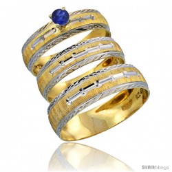 10k Gold 3-Piece Trio Blue Sapphire Wedding Ring Set Him & Her 0.10 ct Rhodium Accent Diamond-cut Pattern