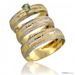 10k Gold 3-Piece Trio Green Sapphire Wedding Ring Set Him & Her 0.10 ct Rhodium Accent Diamond-cut Pattern