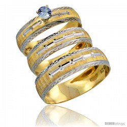 10k Gold 3-Piece Trio Light Blue Sapphire Wedding Ring Set Him & Her 0.10 ct Rhodium Accent Diamond-cut Pattern