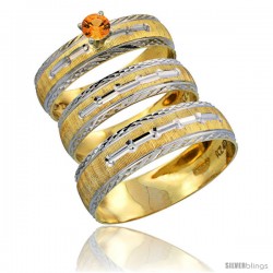 10k Gold 3-Piece Trio Orange Sapphire Wedding Ring Set Him & Her 0.10 ct Rhodium Accent Diamond-cut Pattern