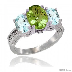 14K White Gold Ladies 3-Stone Oval Natural Peridot Ring with Aquamarine Sides Diamond Accent