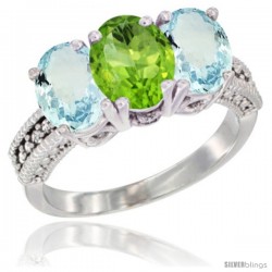 14K White Gold Natural Peridot & Aquamarine Sides Ring 3-Stone Oval 7x5 mm Diamond Accent