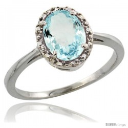 14k White Gold Diamond Halo Aquamarine Ring 1.2 ct Oval Stone 8x6 mm, 1/2 in wide