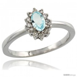 14k White Gold Diamond Halo Aquamarine Ring 0.25 ct Oval Stone 5x3 mm, 5/16 in wide