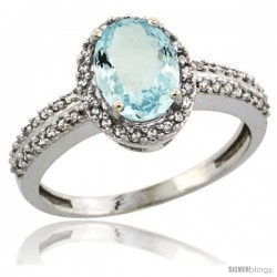 14k White Gold Diamond Halo Aquamarine Ring 1.2 ct Oval Stone 8x6 mm, 3/8 in wide