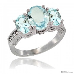 14K White Gold Ladies 3-Stone Oval Natural Aquamarine Ring Diamond Accent