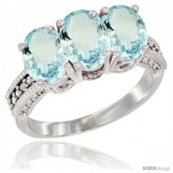 14K White Gold Natural Aquamarine Ring 3-Stone Oval 7x5 mm Diamond Accent