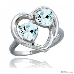 14k White Gold 2-Stone Heart Ring 6mm Natural Aquamarine Stones Diamond Accent