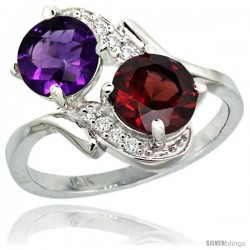 14k White Gold ( 7 mm ) Double Stone Engagement Amethyst & Garnet Ring w/ 0.05 Carat Brilliant Cut Diamonds & 2.34 Carats Round