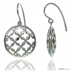 Sterling Silver Dangle Circle Earrings w/ 4-Point Star Cut Outs, 1 5/16 in. (33 mm) tall