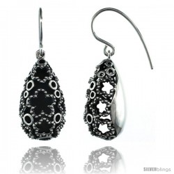 Sterling Silver Dangle 3-D Teardrop Earrings w/ Floral Cut Outs, 1 3/8 in. (35 mm) tall