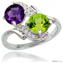 14k White Gold ( 7 mm ) Double Stone Engagement Amethyst & Peridot Ring w/ 0.05 Carat Brilliant Cut Diamonds & 2.34 Carats