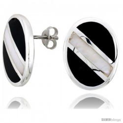 Sterling Silver Oval Shell Earrings, w/ Black & White Mother of Pearl inlay, 3/4" (20 mm) tall