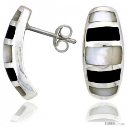 Sterling Silver Striped Oval Post Shell Earrings, w/ Black & White Shell Inlay, 13/16" (21 mm) tall