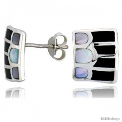 Sterling Silver Striped Rectangular Post Shell Earrings, w/ Black & White Mother of Pearl inlay, 1/2" (12 mm) tall