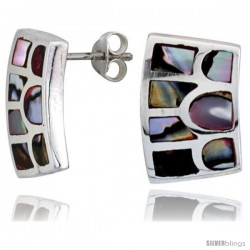 Sterling Silver Rectangular Post Shell Earrings, w/ Colorful Mother of Pearl inlay, 3/4" (19 mm) tall