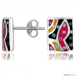 Sterling Silver Rectangular Post Shell Earrings, w/ Colorful Mother of Pearl inlay, 1/2" (12 mm) tall