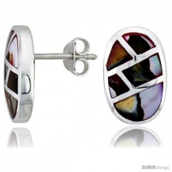 Sterling Silver Oval Post Shell Earrings, w/ Colorful Mother of Pearl inlay, 5/8" (16 mm) tall