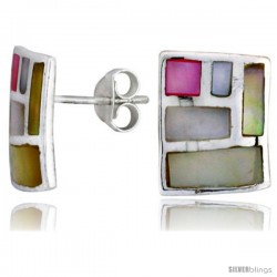 Sterling Silver Rectangular Post Shell Earrings, w/ Pink & White Mother of Pearl inlay, 9/16" (15 mm) tall